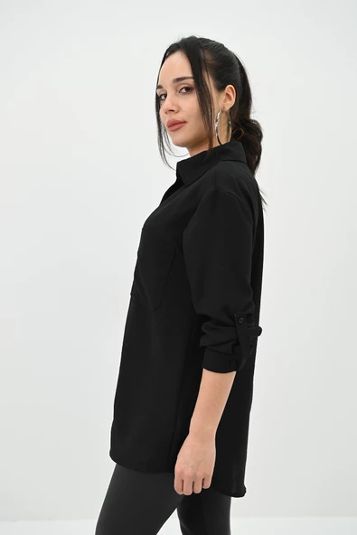 Kadın Keten Cep Detaylı Gömlek 1732-24 - 3