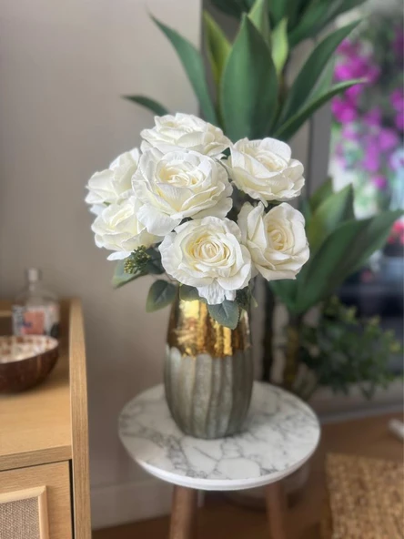 Nettenevime Yapay Çiçek 7li Gül Demeti 40*30cm 1.Kalite Büyükboy BEYAZ - Resim 3