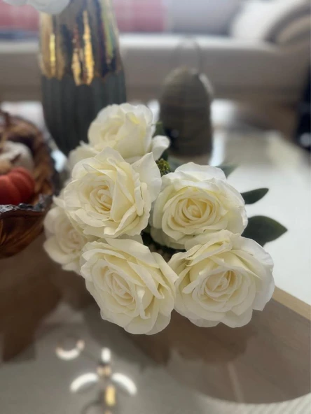 Nettenevime Yapay Çiçek 7li Gül Demeti 40*30cm 1.Kalite Büyükboy BEYAZ - Resim 4