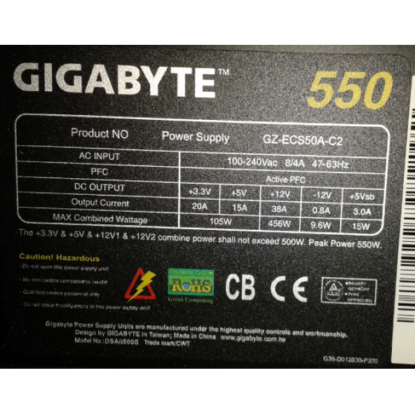 Gigabyte GZ-ECS50A-C2 550W PSU GÜÇ KAYNAĞI 2.EL - 2