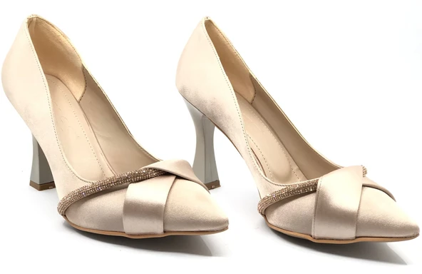 Feles Kadeh Topuk Saten Şerit Taşlı Stiletto Kadın Topuklu Ayakkabı ürün görseli