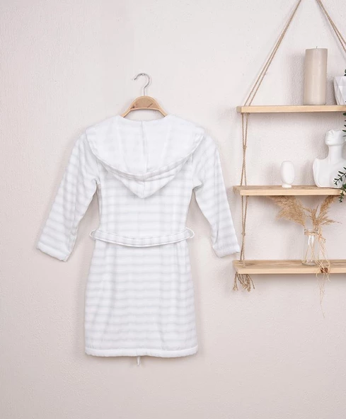 %100 Pamuk Kapüşonlu Çizgili Çocuk &Genç Bornoz - 4
