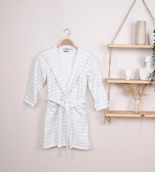 %100 Pamuk Kapüşonlu Çizgili Çocuk &Genç Bornoz - 3