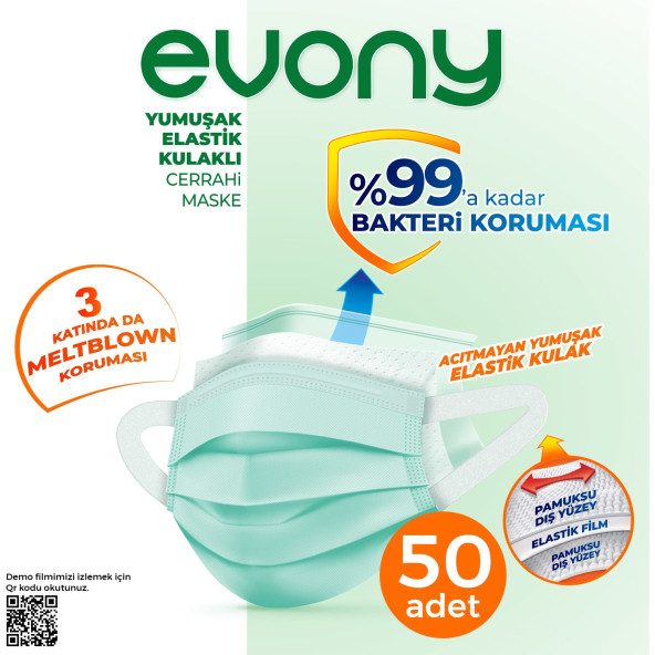 Evony Yumuşak Elastik Kulaklı Maske 50'li (50X2) 100 ADET