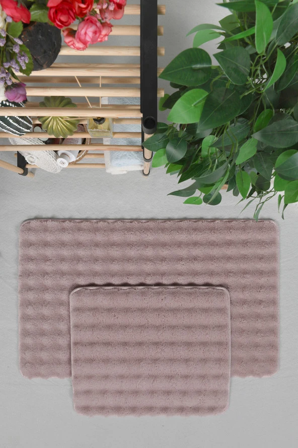 Modern Bubble Yıkanabilir Kaymaz Peluş Banyo Paspası Halısı 2'li Klozet Takımı 50x80-50x40cm Pembe - 2