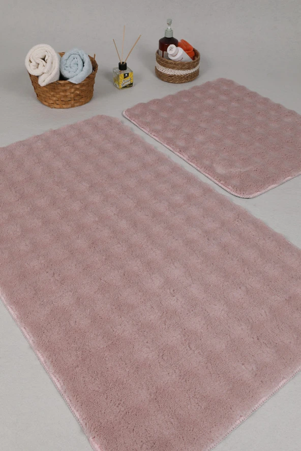 Modern Bubble Yıkanabilir Kaymaz Peluş Banyo Paspası Halısı 2'li Klozet Takımı 50x80-50x40cm Pembe - 4