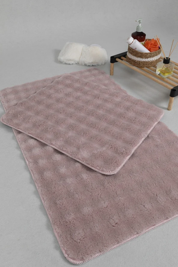 Modern Bubble Yıkanabilir Kaymaz Peluş Banyo Paspası Halısı 2'li Klozet Takımı 50x80-50x40cm Pembe - 5