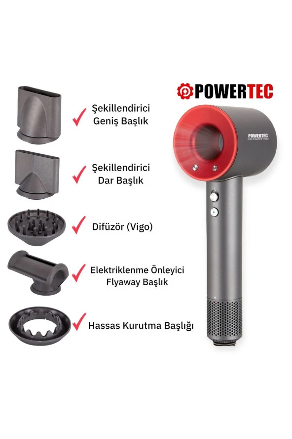 Powertec TR3333 BLDC Motor 5 Fonksiyon Plazma Saç kurutma ve Fön makinesi - 2