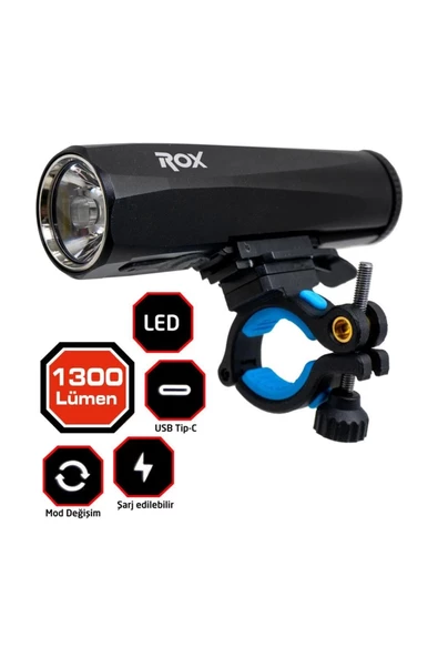 Rox 0210 Şarjlı Led Bisiklet Feneri 1300 Lümen