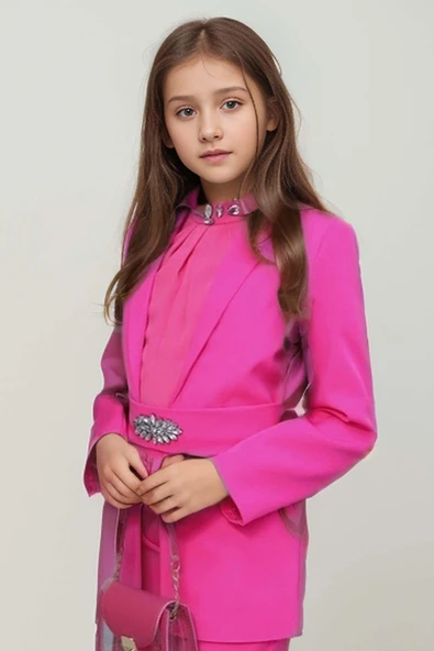Kız Çocuk Yakası Taş İşlemeli Kolsuz Bluz Kemerli Blazer Ceket Pantolon Fuşya Alt Üst Takım - 4