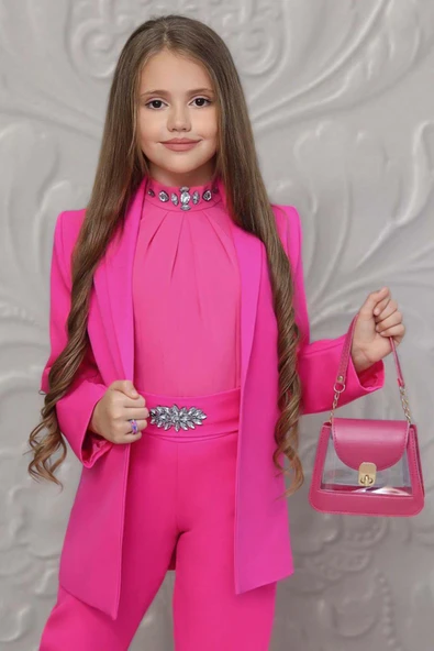Kız Çocuk Yakası Taş İşlemeli Kolsuz Bluz Kemerli Blazer Ceket Pantolon Fuşya Alt Üst Takım - 3