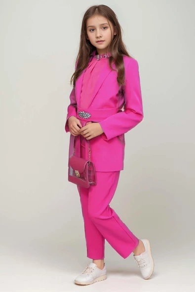 Kız Çocuk Yakası Taş İşlemeli Kolsuz Bluz Kemerli Blazer Ceket Pantolon Fuşya Alt Üst Takım