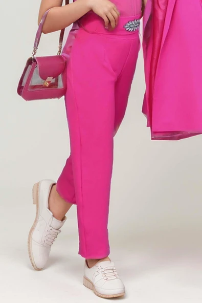 Kız Çocuk Yakası Taş İşlemeli Kolsuz Bluz Kemerli Blazer Ceket Pantolon Fuşya Alt Üst Takım - 5