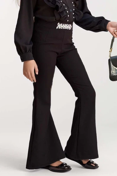 Kız Çocuk Omuzdan Taş ve Fırfırlı Gömlek Beli Taş İşlemeli İspanyol Paça Black Alt Üst Takım - Resim 6