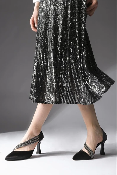 Feles 140 Üç Şerit Taşlı Abiye Kadın Topuklu Ayakkabı Stiletto - Resim 11