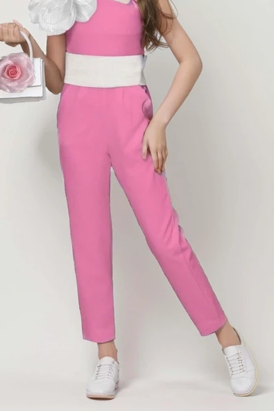 Kız Çocuk Tek Omuz Gül Detaylı Beli Kemerli Pembe Tulum - 3