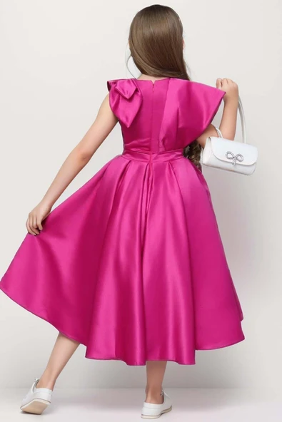 Kız Çocuk Omuzu Fiyonk Broş Detaylı Beli Taş Yonca İşlemeli Fuşya Elbise - Resim 2