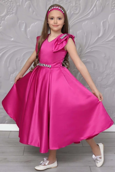 Kız Çocuk Omuzu Fiyonk Broş Detaylı Beli Taş Yonca İşlemeli Fuşya Elbise - Resim 3