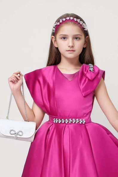 Kız Çocuk Omuzu Fiyonk Broş Detaylı Beli Taş Yonca İşlemeli Fuşya Elbise - Resim 4