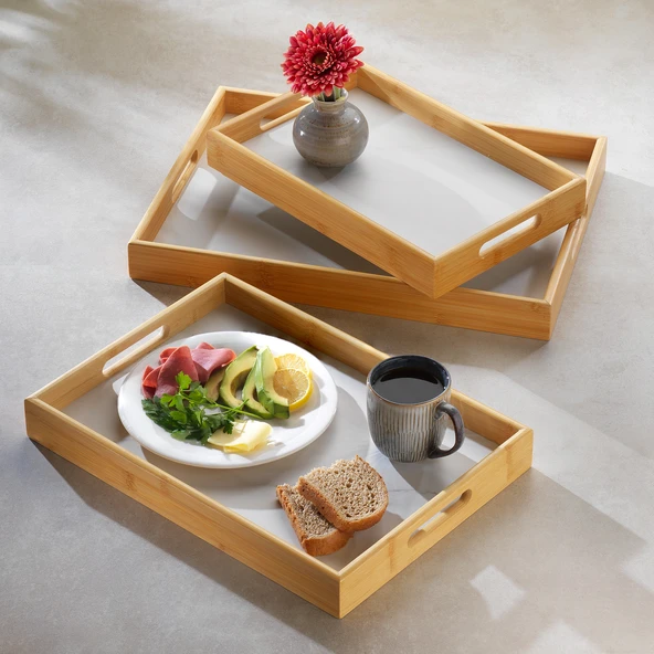 Marbella - 3'lü Mermer Desenli Tepsi Beyaz