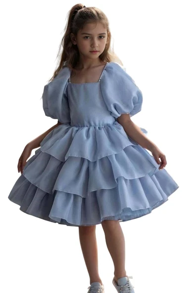 Kız Çocuk Balon Kollu Eteği KatKat Fırfırlı İçi Astarlı Mavi Abiye - Resim 8