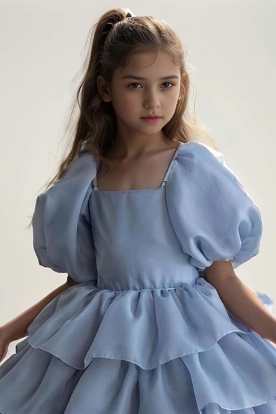Kız Çocuk Balon Kollu Eteği KatKat Fırfırlı İçi Astarlı Mavi Abiye - Resim 2