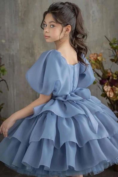 Kız Çocuk Balon Kollu Eteği KatKat Fırfırlı İçi Astarlı Mavi Abiye - Resim 5