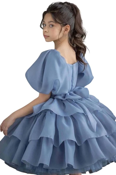 Kız Çocuk Balon Kollu Eteği KatKat Fırfırlı İçi Astarlı Mavi Abiye - Resim 9