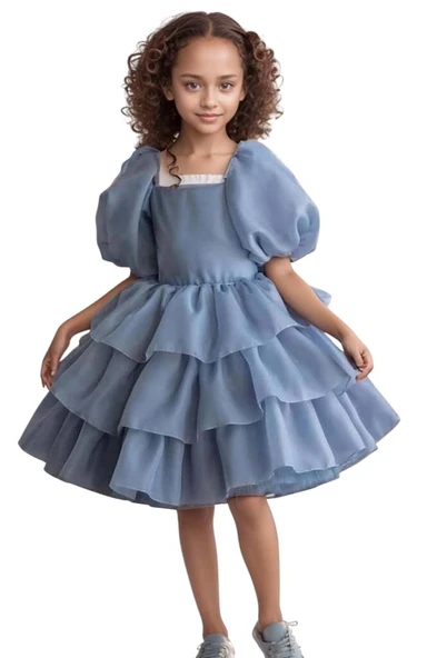 Kız Çocuk Balon Kollu Eteği KatKat Fırfırlı İçi Astarlı Mavi Abiye - Resim 7