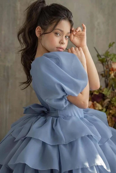 Kız Çocuk Balon Kollu Eteği KatKat Fırfırlı İçi Astarlı Mavi Abiye - Resim 4