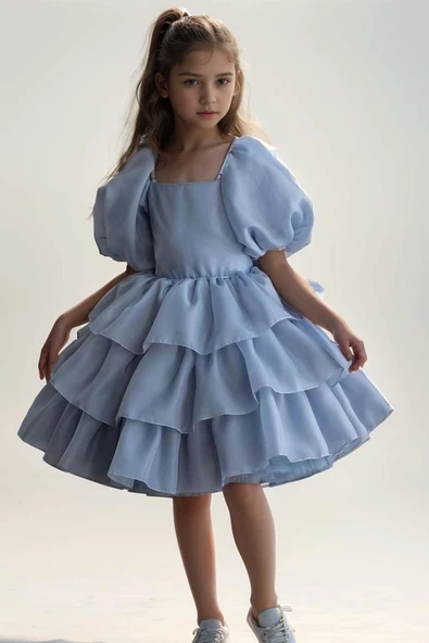 Kız Çocuk Balon Kollu Eteği KatKat Fırfırlı İçi Astarlı Mavi Abiye ürün görseli