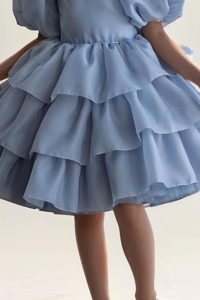 Kız Çocuk Balon Kollu Eteği KatKat Fırfırlı İçi Astarlı Mavi Abiye - Resim 3