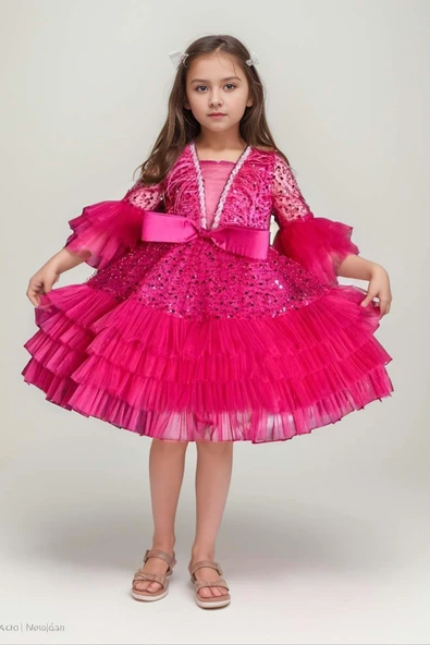 Kız Çocuk Parlak Pulpayet İşlemeli Yakası Taş Şerit Detaylı Eteği Kat Kat Tüllü Kırmızı Abiye ürün görseli