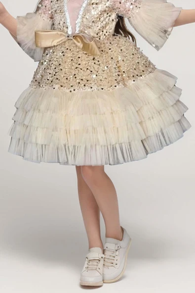 Kız Çocuk Parlak Pulpayet İşlemeli Yakası Taş Şerit Detaylı Eteği Kat Kat Tüllü Bej Abiye - Resim 3