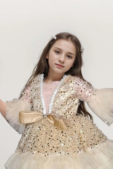 Kız Çocuk Parlak Pulpayet İşlemeli Yakası Taş Şerit Detaylı Eteği Kat Kat Tüllü Bej Abiye - Resim 2