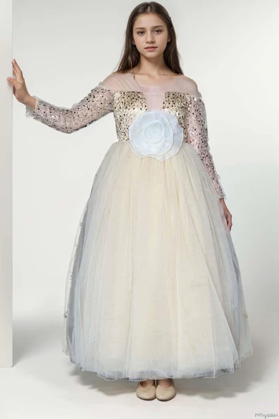 Kız Çocuk Üzeri Pulpayet İşlemeli Kolları Şeffaf Tüllü Toka Detaylı Bej Abiye ürün görseli