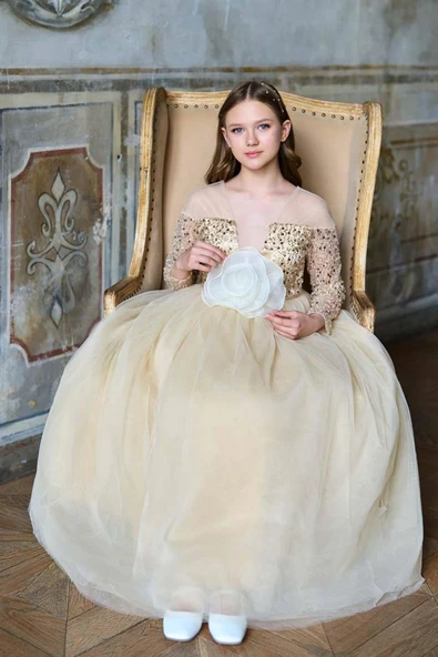 Kız Çocuk Üzeri Pulpayet İşlemeli Kolları Şeffaf Tüllü Toka Detaylı Bej Abiye - Resim 4