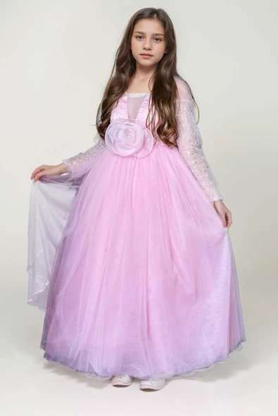 Kız Çocuk Üzeri Pulpayet İşlemeli Kolları Şeffaf Tüllü Toka Detaylı Pembe Abiye - Resim 4