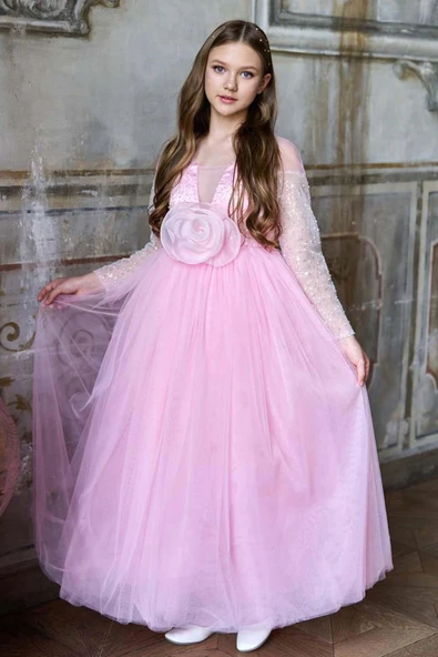 Kız Çocuk Üzeri Pulpayet İşlemeli Kolları Şeffaf Tüllü Toka Detaylı Pembe Abiye - Resim 8