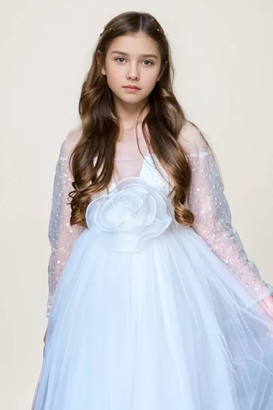 Kız Çocuk Üzeri Pulpayet İşlemeli Kolları Şeffaf Tüllü Toka Detaylı Beyaz Abiye - Resim 2