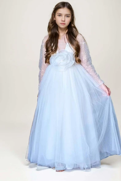 Kız Çocuk Üzeri Pulpayet İşlemeli Kolları Şeffaf Tüllü Toka Detaylı Beyaz Abiye ürün görseli