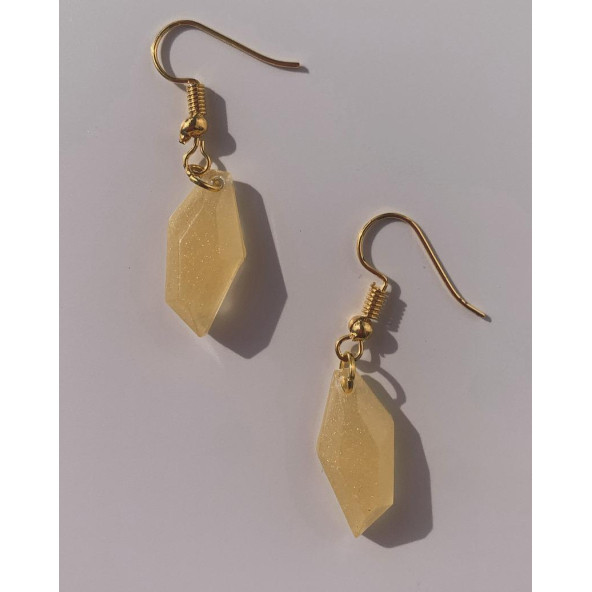 Yavruağzı Somon Rengi Parlak Kristal Şekilli Gold Aksesuarlı Küpe Epoksi El Yapımı Hediyelik - Resim 2