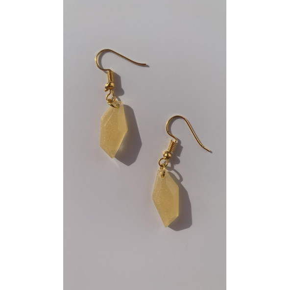 Yavruağzı Somon Rengi Parlak Kristal Şekilli Gold Aksesuarlı Küpe Epoksi El Yapımı Hediyelik - Resim 3