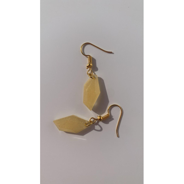 Yavruağzı Somon Rengi Parlak Kristal Şekilli Gold Aksesuarlı Küpe Epoksi El Yapımı Hediyelik - Resim 8