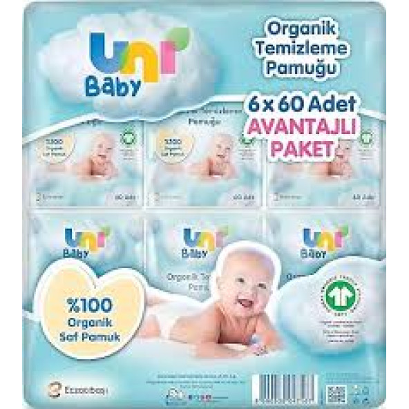 Uni Baby Bebek Temizleme Pamuğu 60Lı 6 paket toplam 360 adet