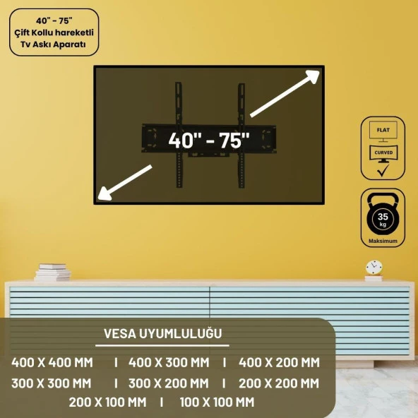 Bestoclass Samsung 50CU8000 Çift kollu Hareketli Tv askı aparatı - Pratik ve Dayanıklı TV Montajı için İdeal Çözüm - 5