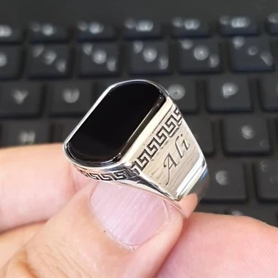 Gümüş Grek Desenli Harfli Oniks Taşlı Erkek Yüzük - 3