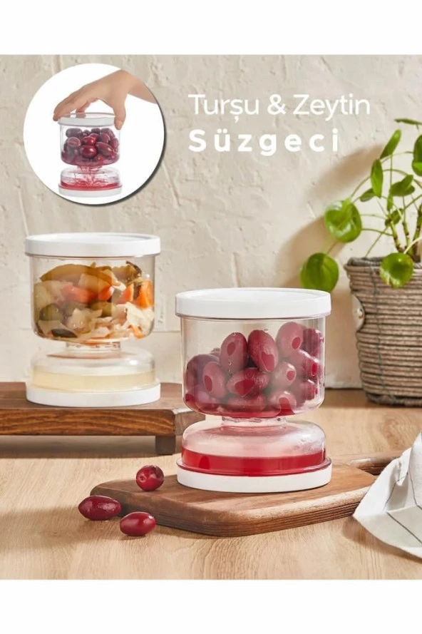 1 Adet Kum Saati Süzgeçli Turşu Peynir Zeytin Saklama Kabı 1.5L