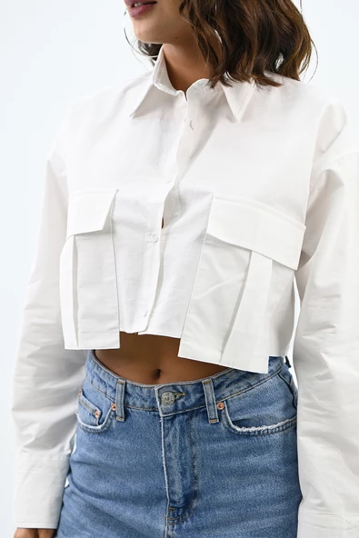 Kadın Crop Cep Detaylı Gömlek 1672-24 - 6