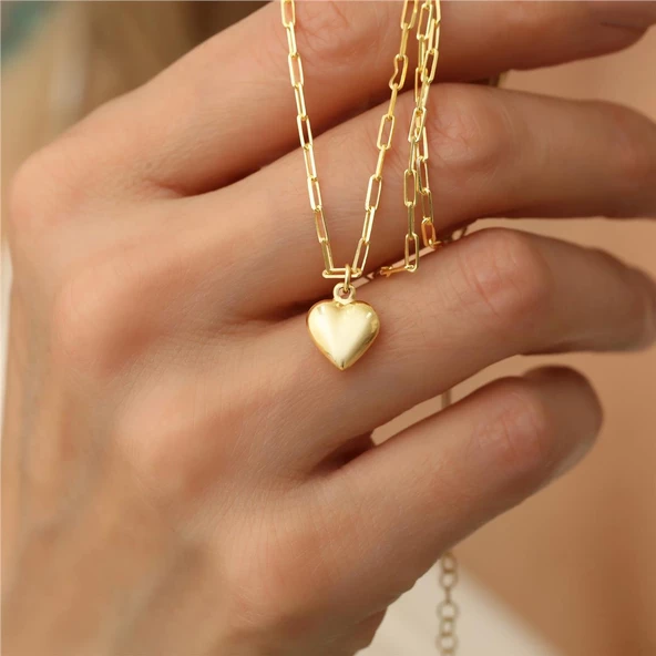 925 Ayar Gümüş Ataç Zincirli Bombeli Kalp Kolye - CN00126 ürün görseli 1